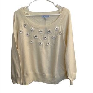 Ashley Nell Tipton Cream Embellished Floral Knit Cropped Sweater Sz 3X